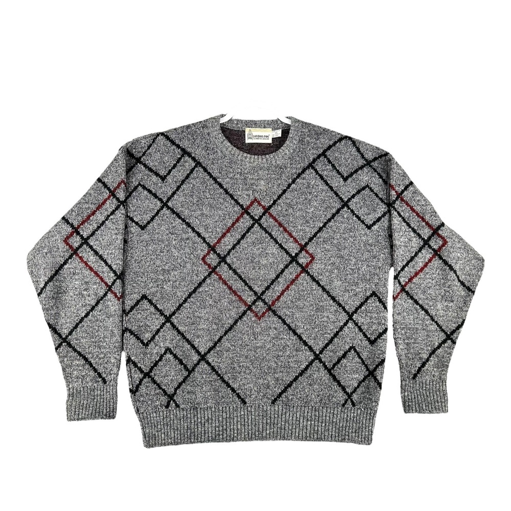 Vintage‎ London Fog Argyle Sweater Gray Black USA Wool Blend Mens Size X-Large